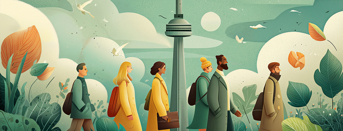 a group of young going to work in downtown