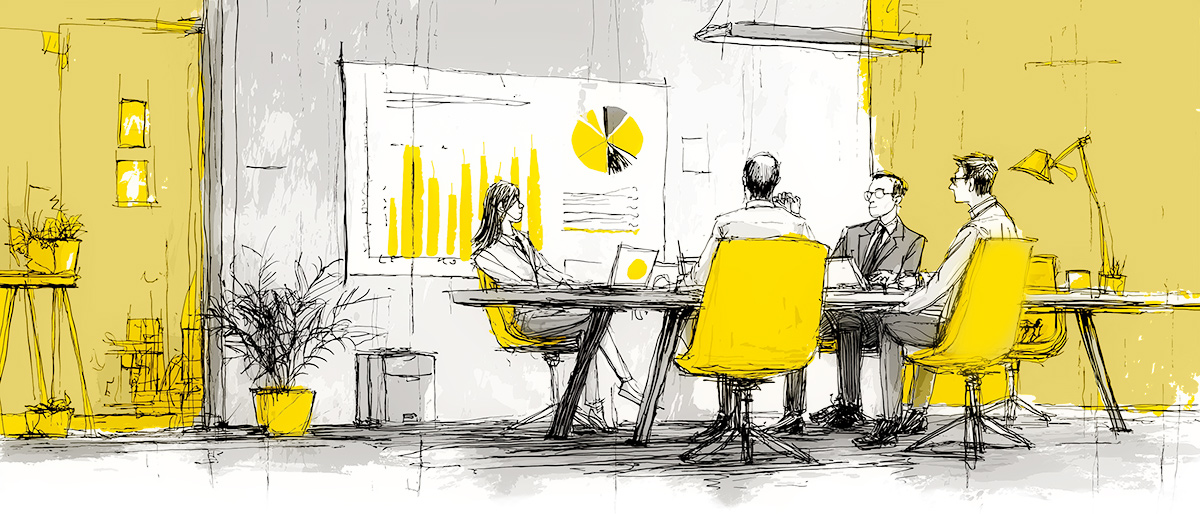 Data Visualizations and Dashboards design by Nomans Land Creative A team discussing work with Data Visualization Dashboards on screens